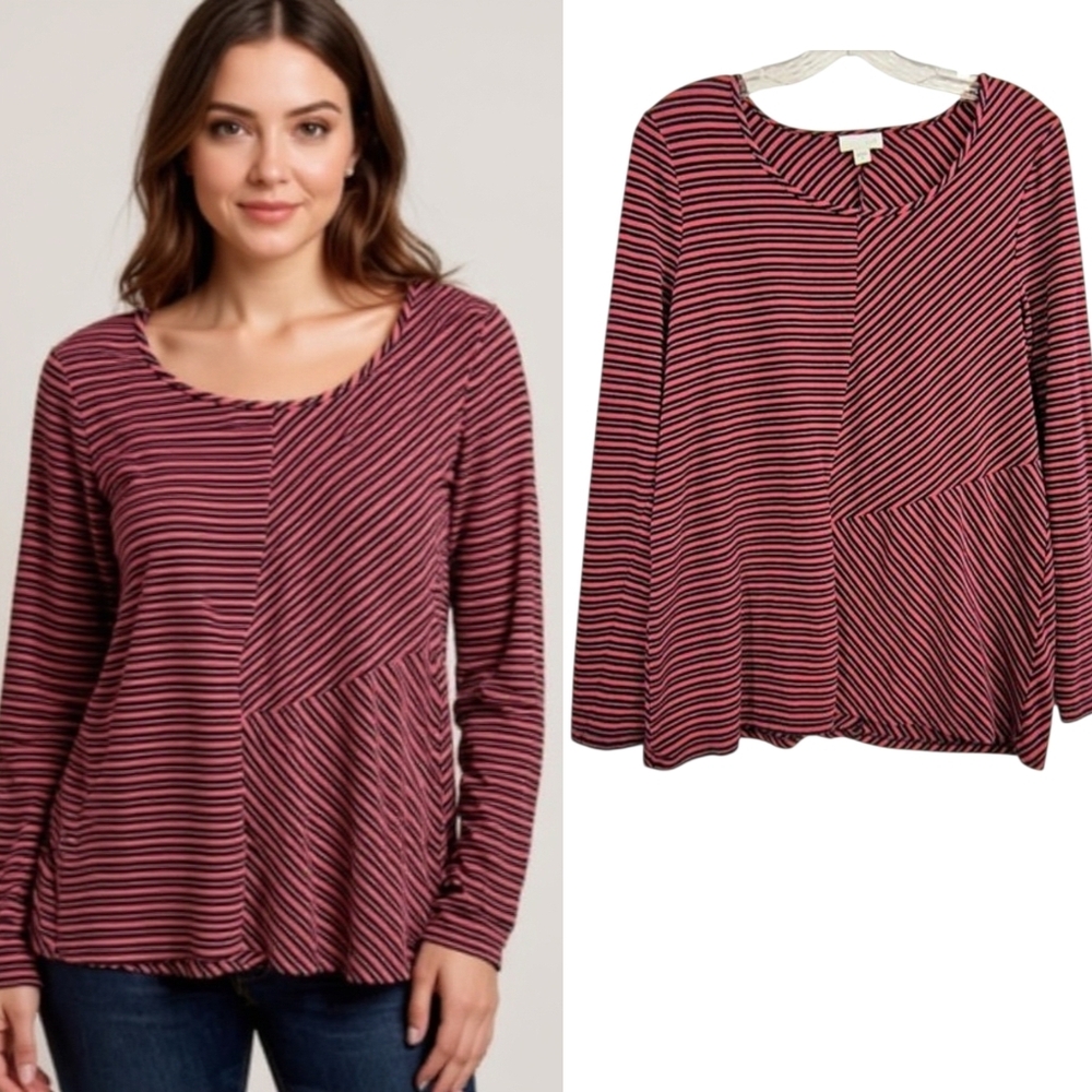 J.Jill Jersey Knit Tee Womens Size M Red Mixed Stripe Long Sleeve Pull Over Top